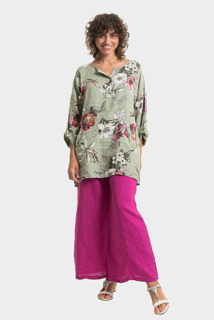 Sage Floral Print Notch Neck Linen Tunic