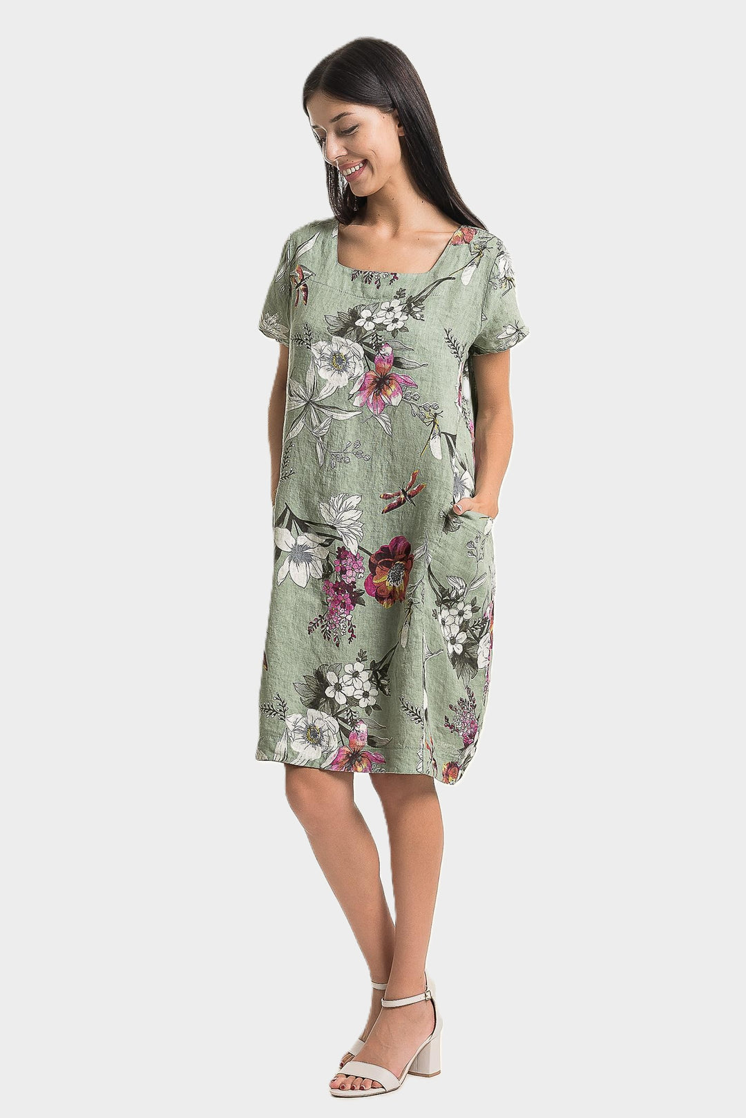 Sage Floral Print Side Pocket Dress