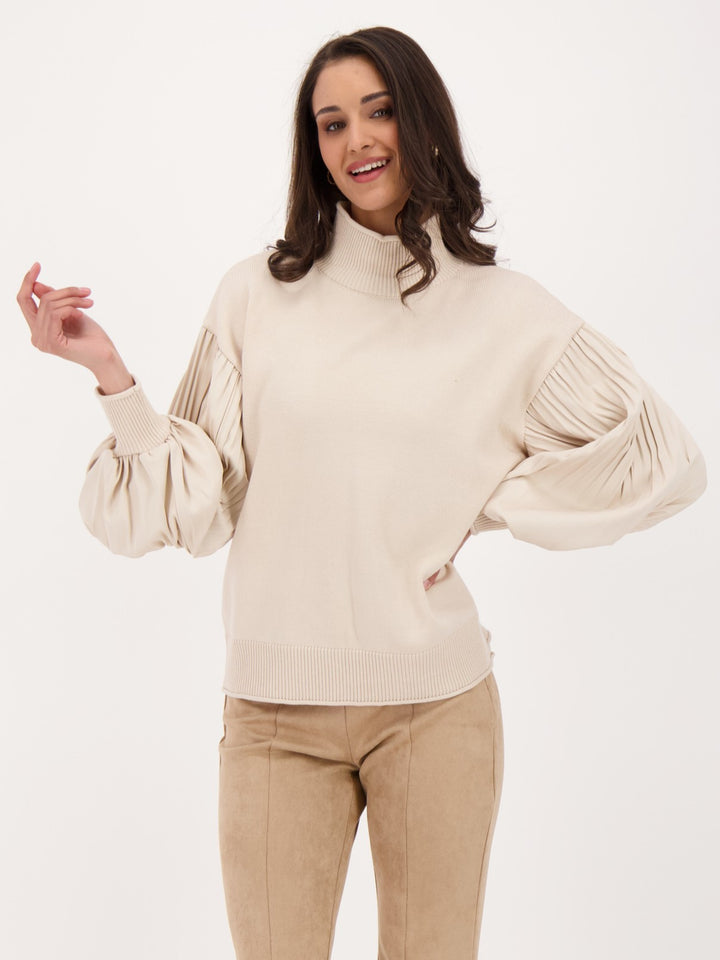 Sand Accordion Pleat Puffed Sleeve Sweater