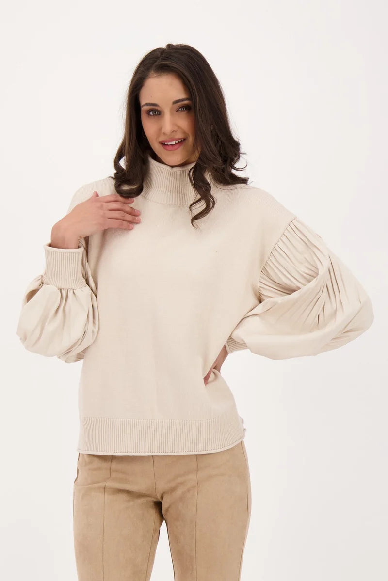 Sand Accordion Pleat Puffed Sleeve Sweater
