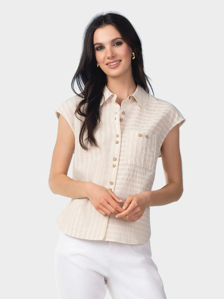Sand Mix Stripe Button Up Top