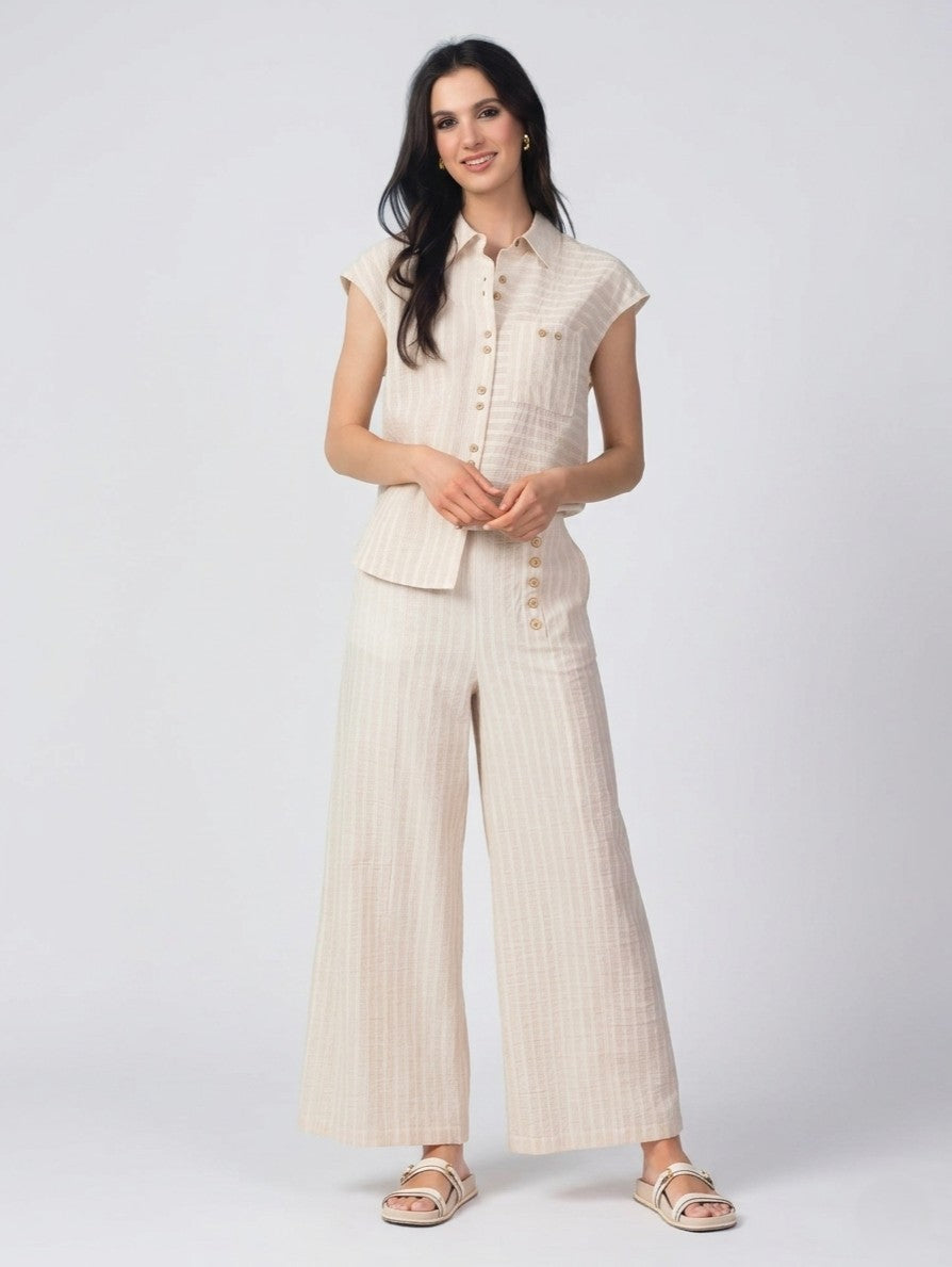 Sand Mix Stripe Button Up Top