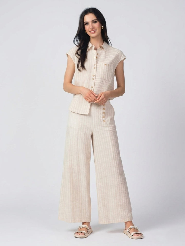 Sand Mix Stripe Button Up Top