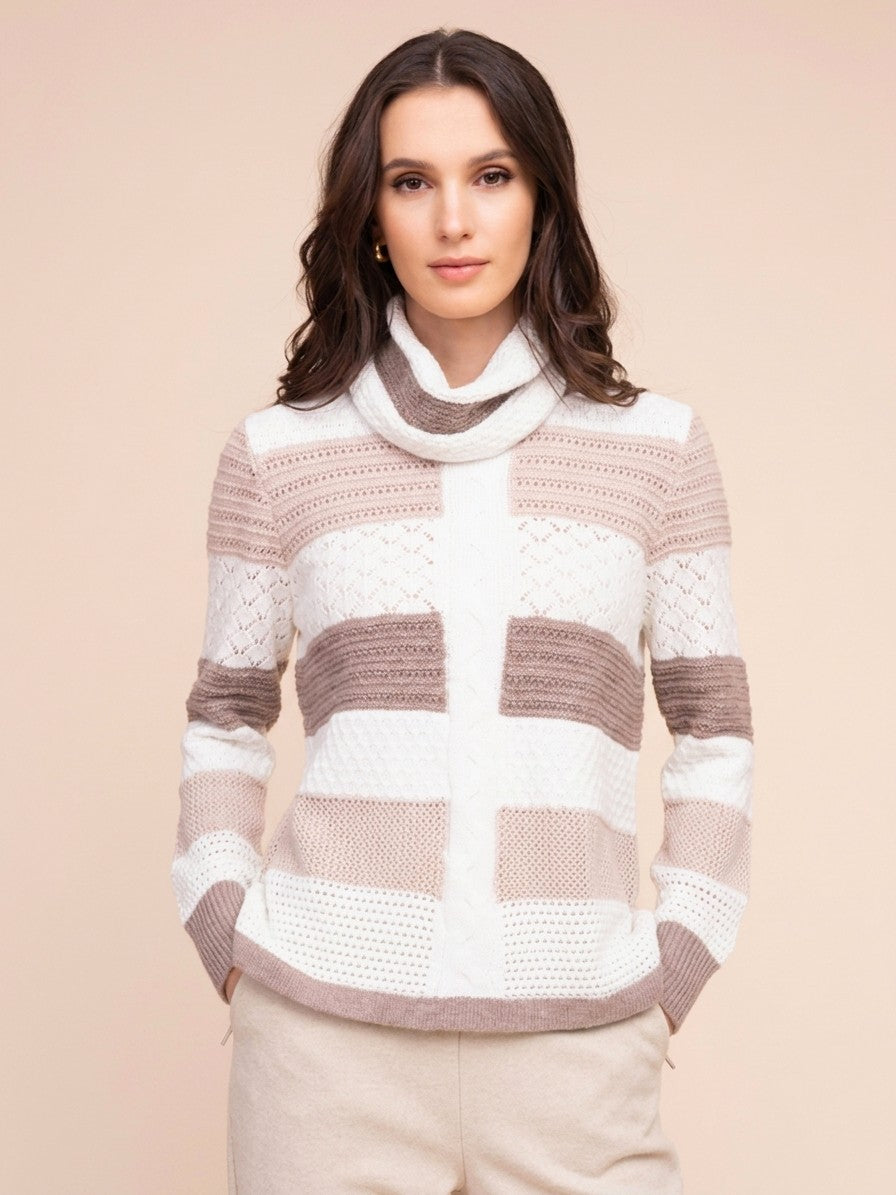 Sand Striped Mixed Knit Sweater with Removeable Cowl