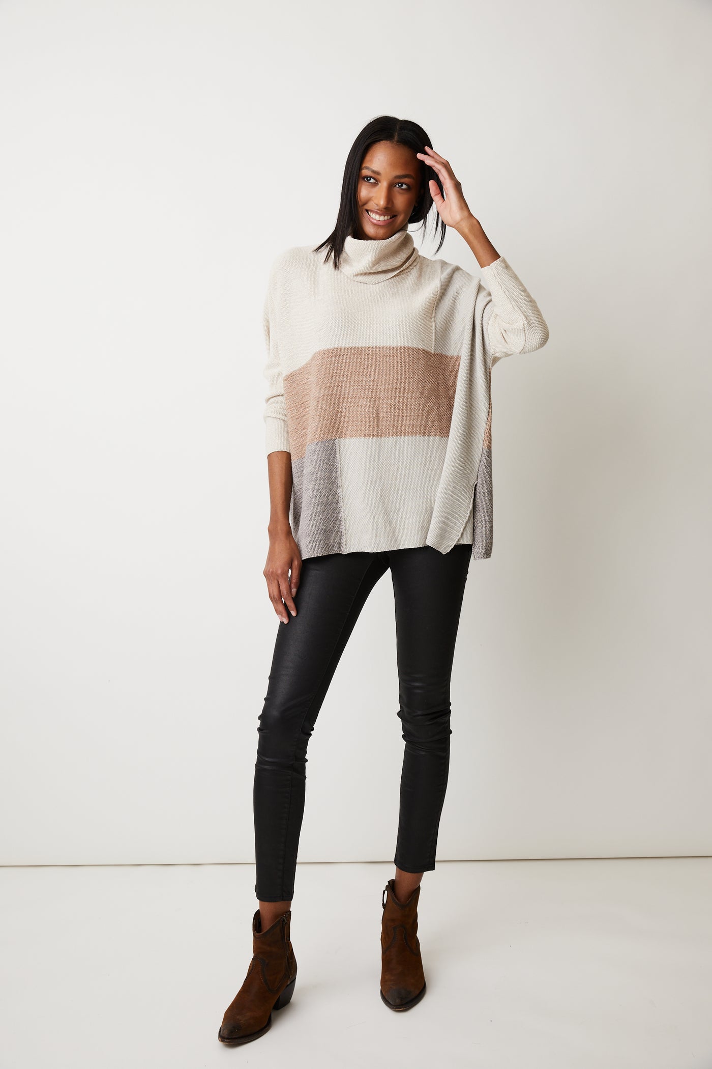 Sandstone and Grey Bailee Poncho Sweater