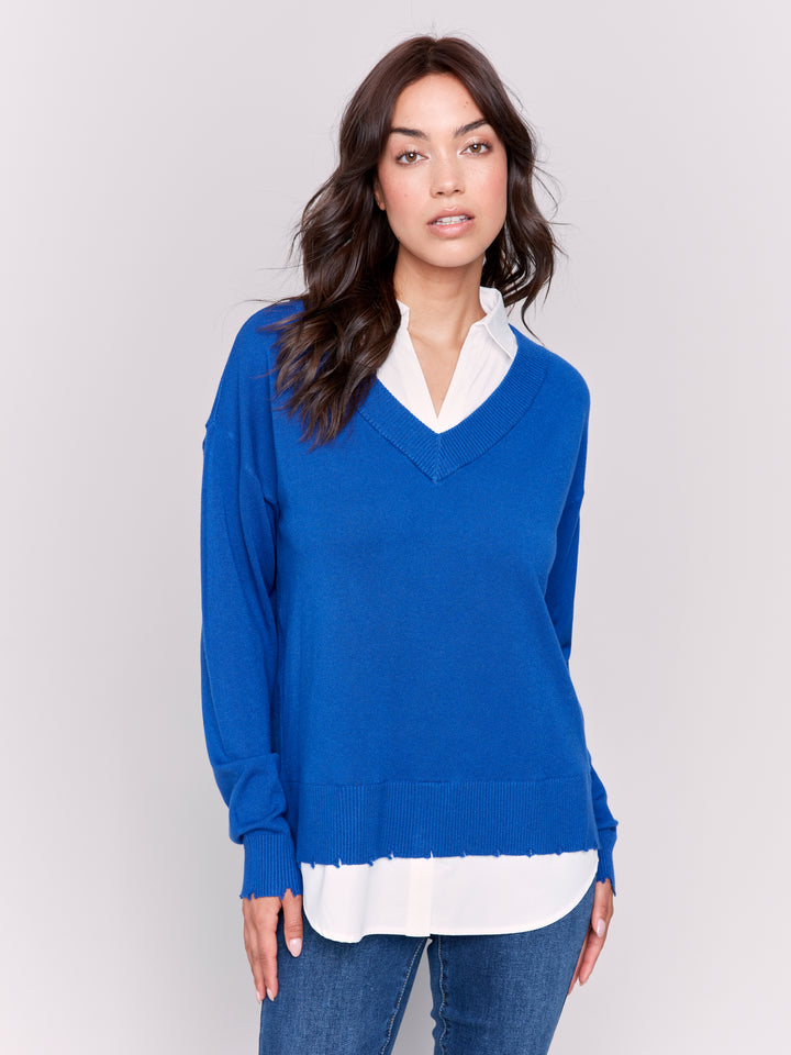 Sapphire Fooler Sweater With Shirt Collar