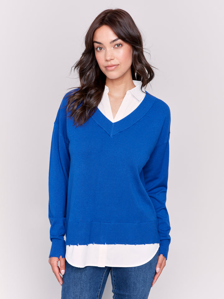 Sapphire Fooler Sweater With Shirt Collar