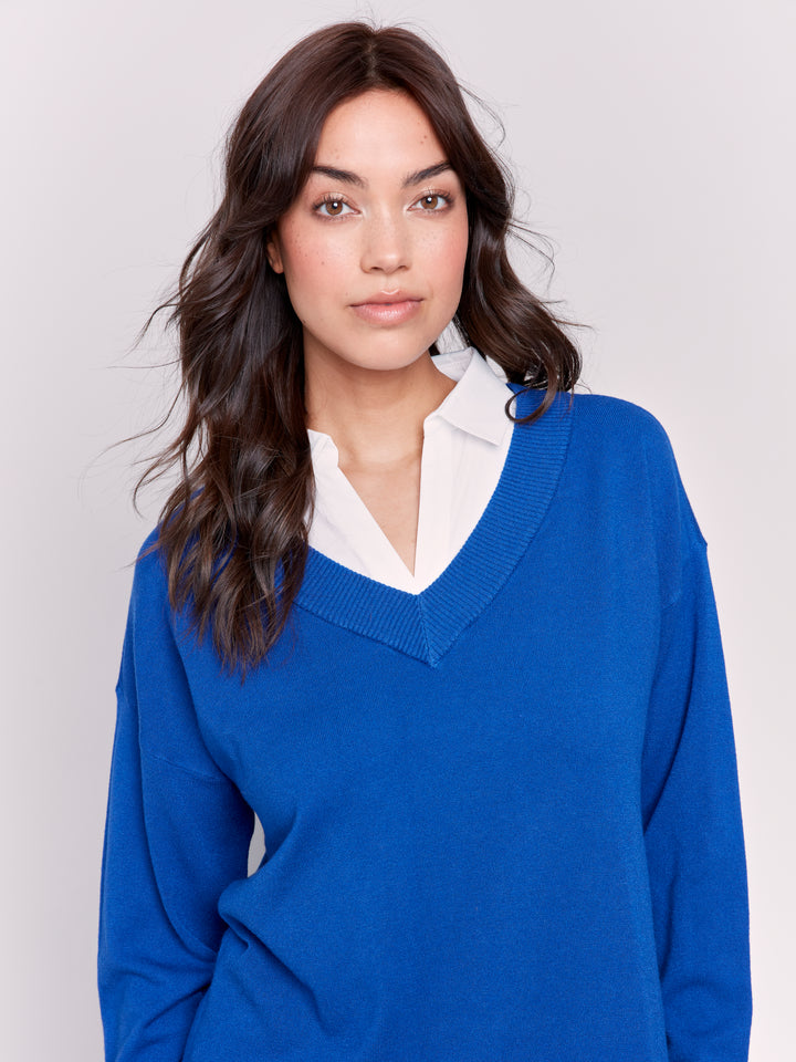 Sapphire Fooler Sweater With Shirt Collar