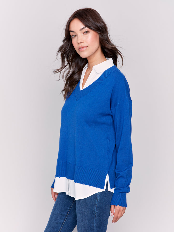 Sapphire Fooler Sweater With Shirt Collar