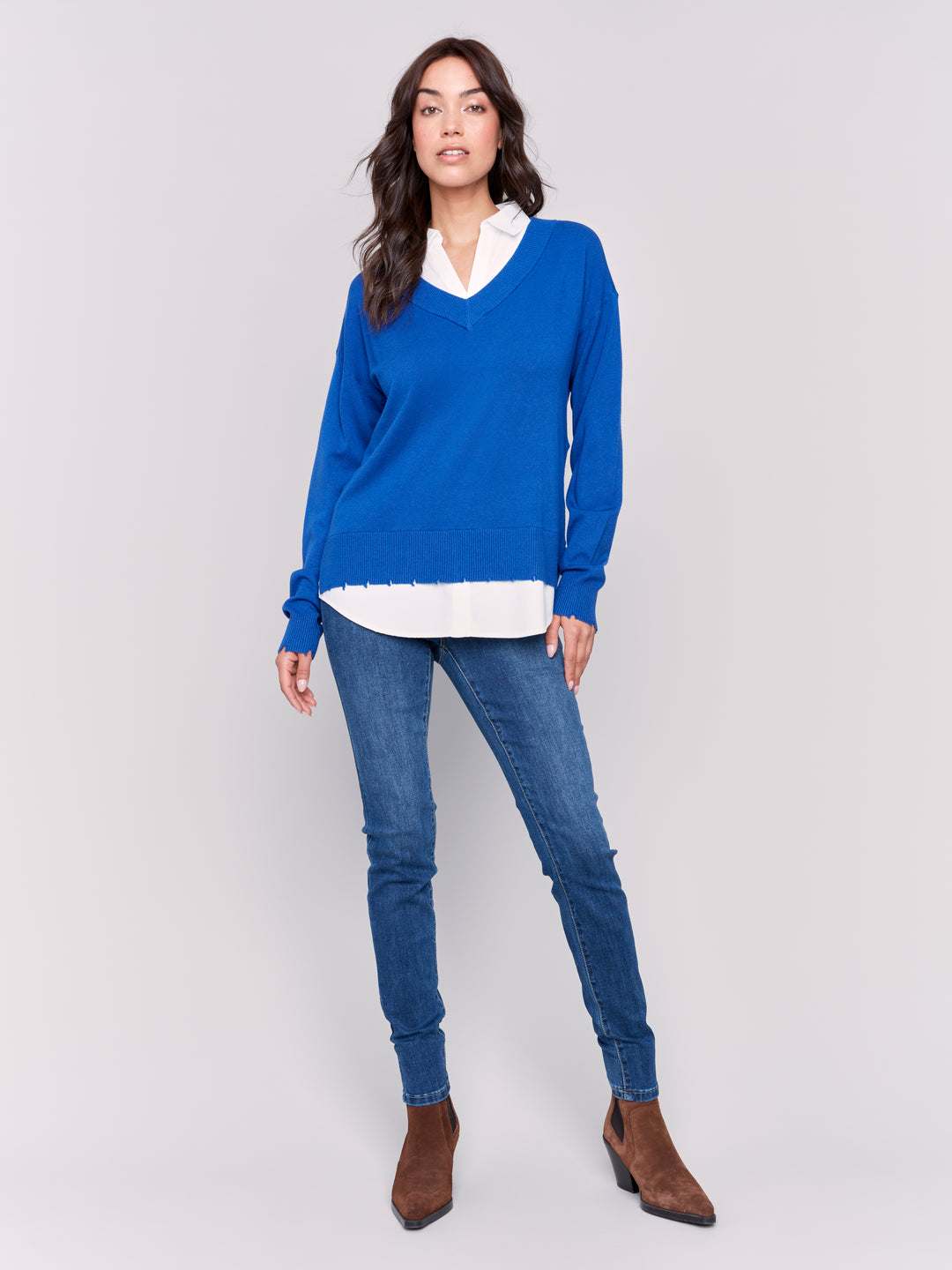 Sapphire Fooler Sweater With Shirt Collar