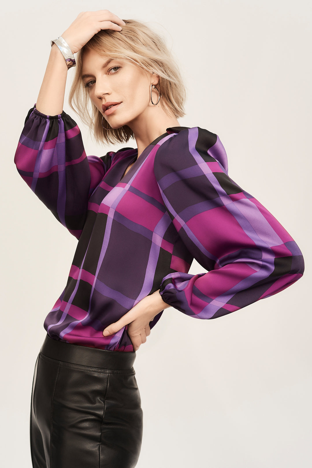 Satin Abstract Plaid Print Top