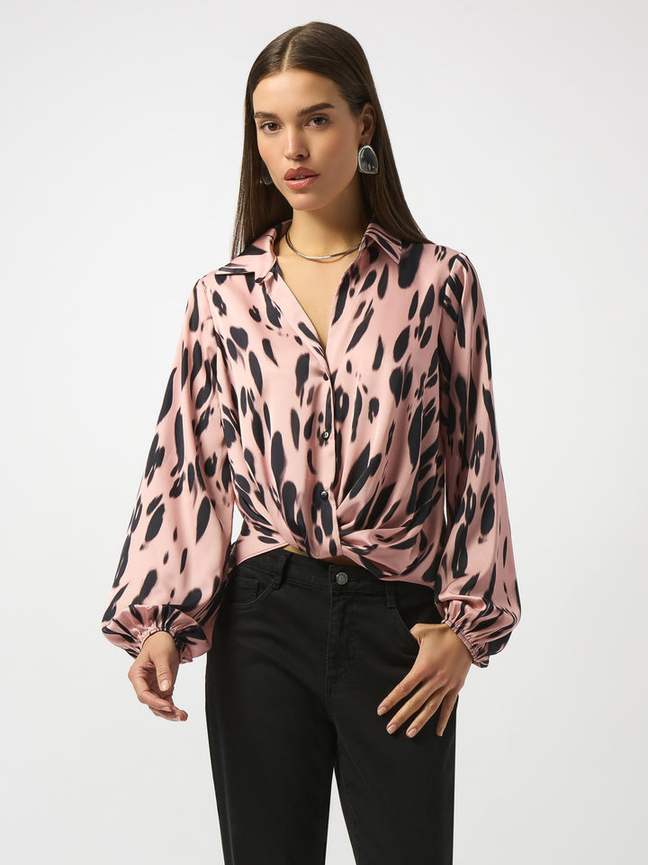 Satin Animal Print Draped Front Top