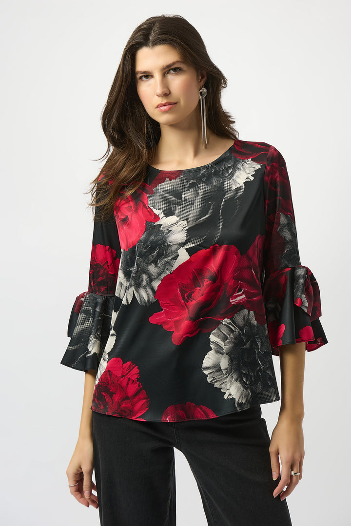 Satin Rose Print Top With Bow Sleeve Accents