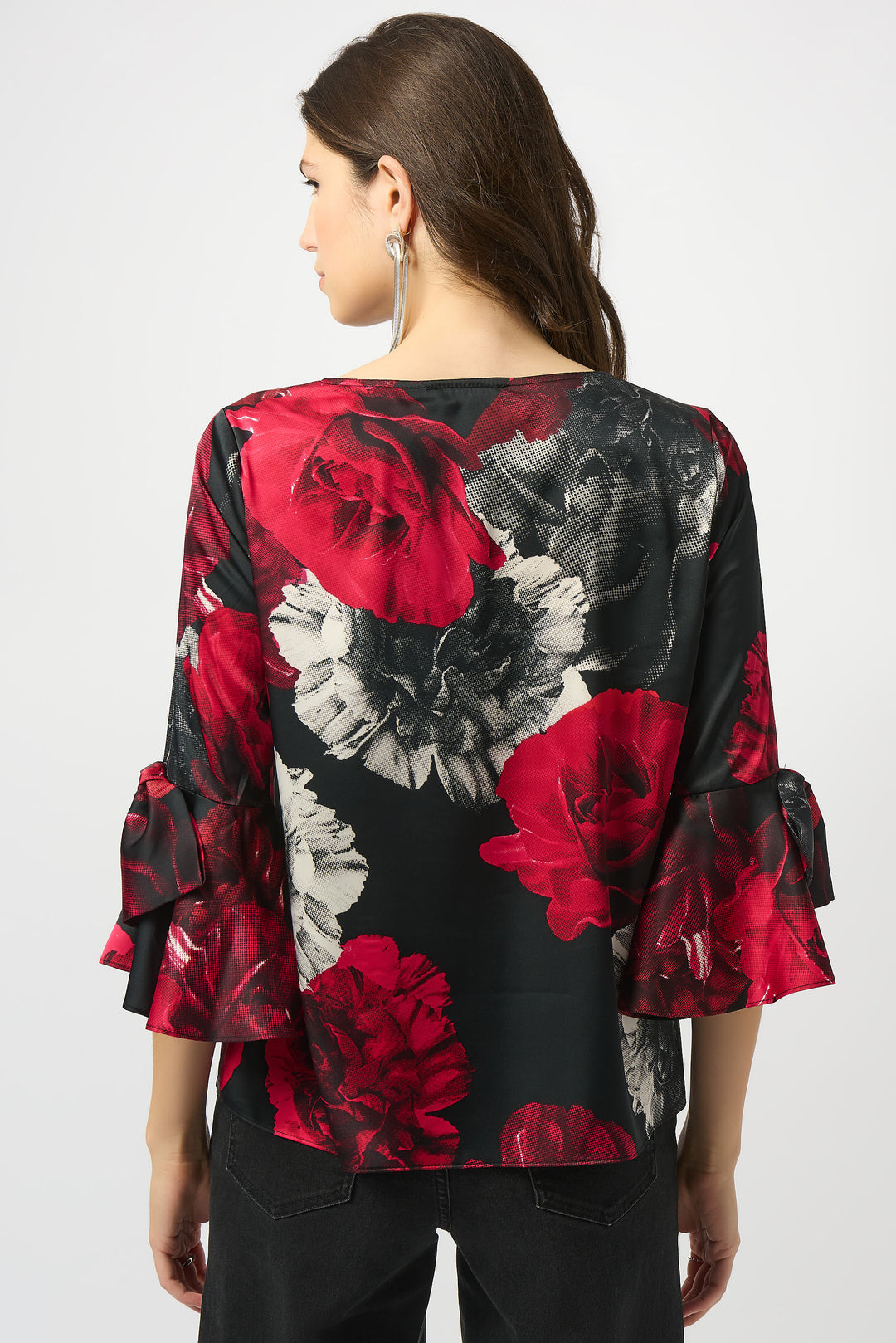 Satin Rose Print Top With Bow Sleeve Accents