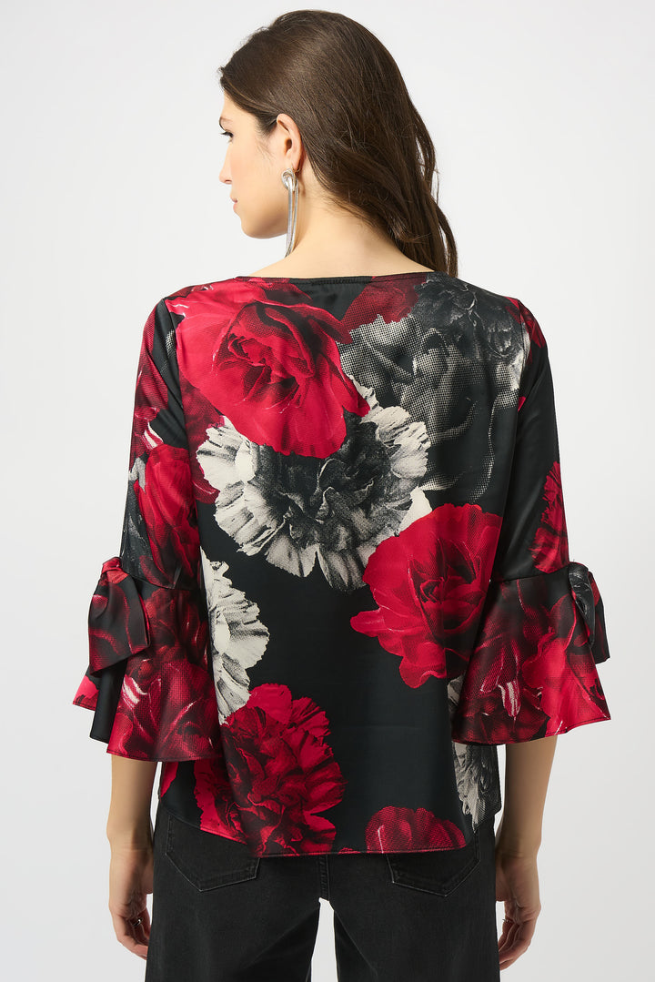 Satin Rose Print Top With Bow Sleeve Accents