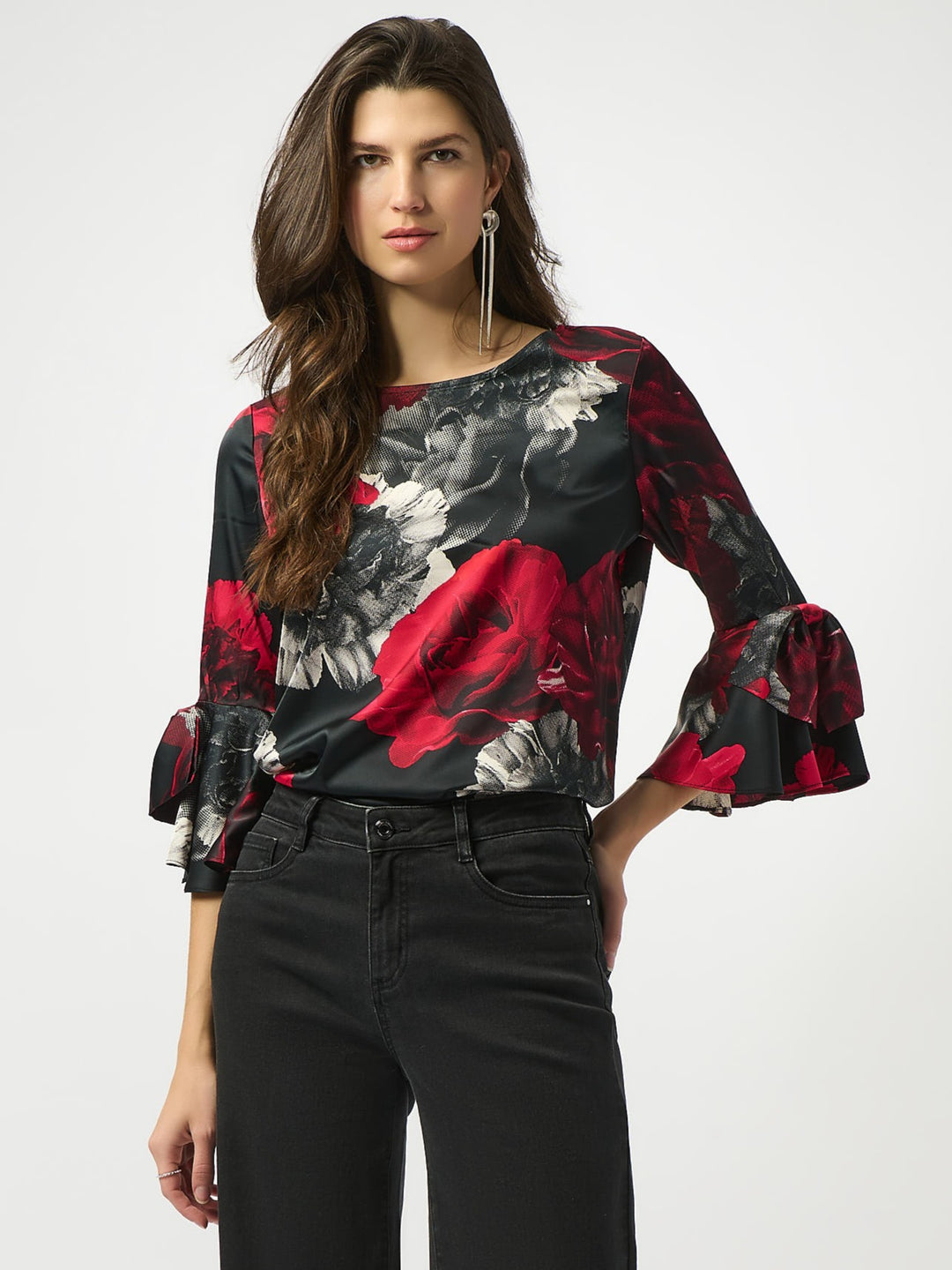 Satin Rose Print Top With Bow Sleeve Accents