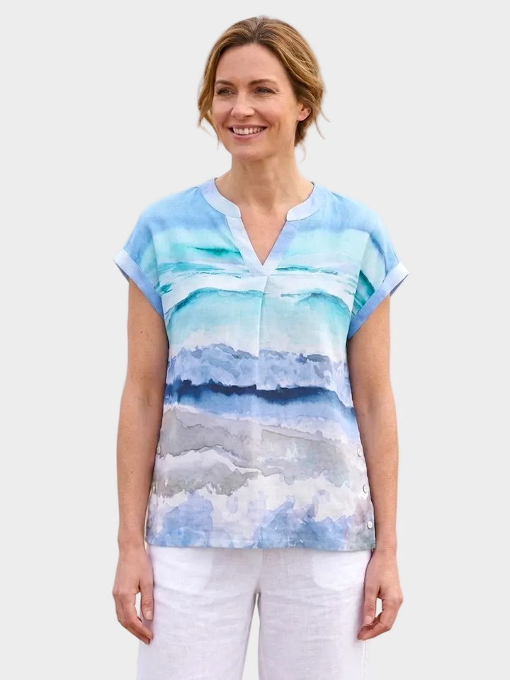 Seascape Print Notch Neck Linen Top