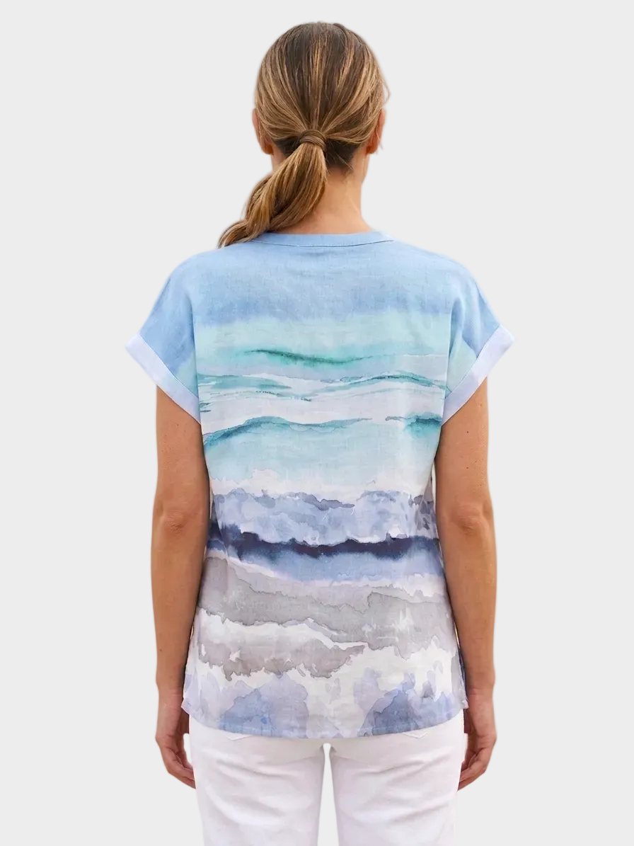 Seascape Print Notch Neck Linen Top