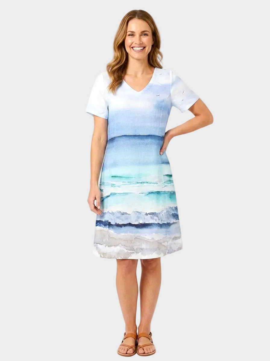 Seascape Print V-Neck Linen Dress