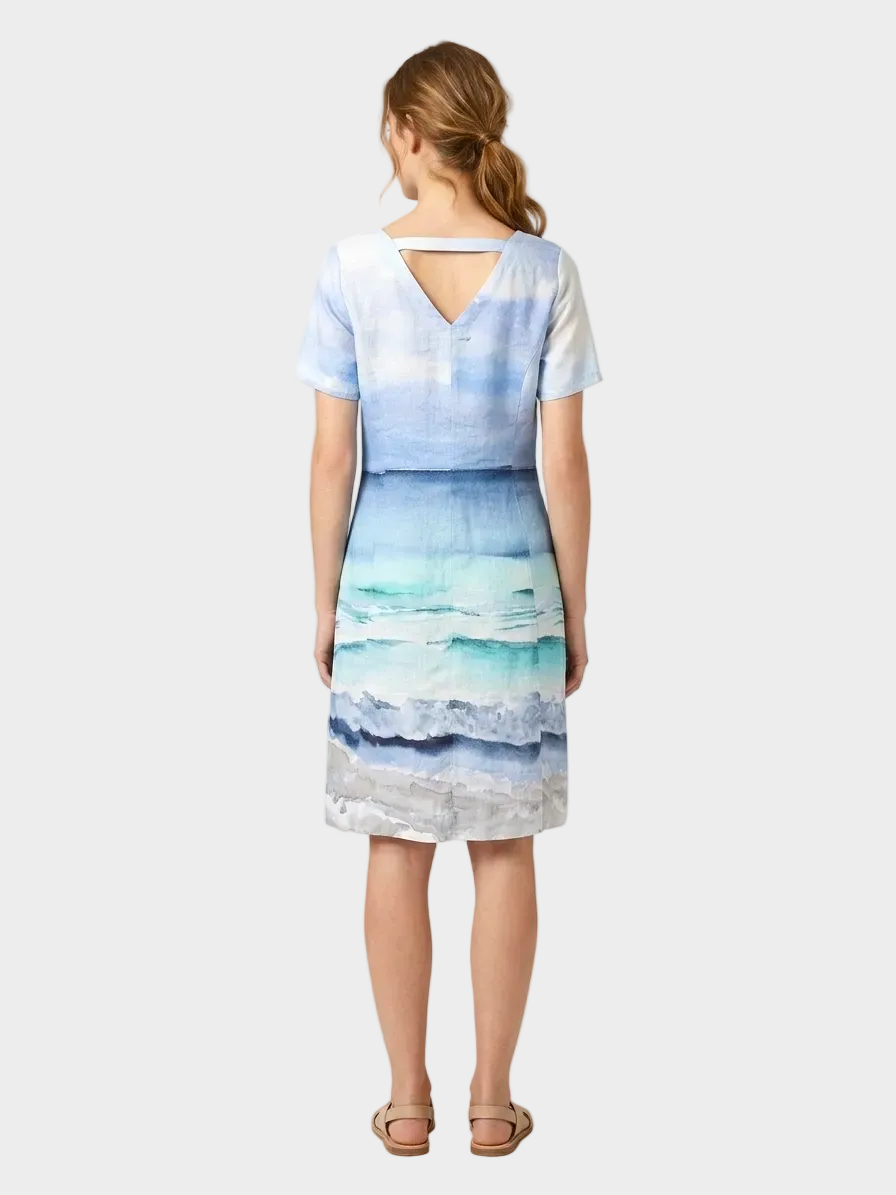Seascape Print V-Neck Linen Dress