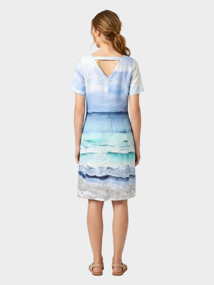 Seascape Print V-Neck Linen Dress