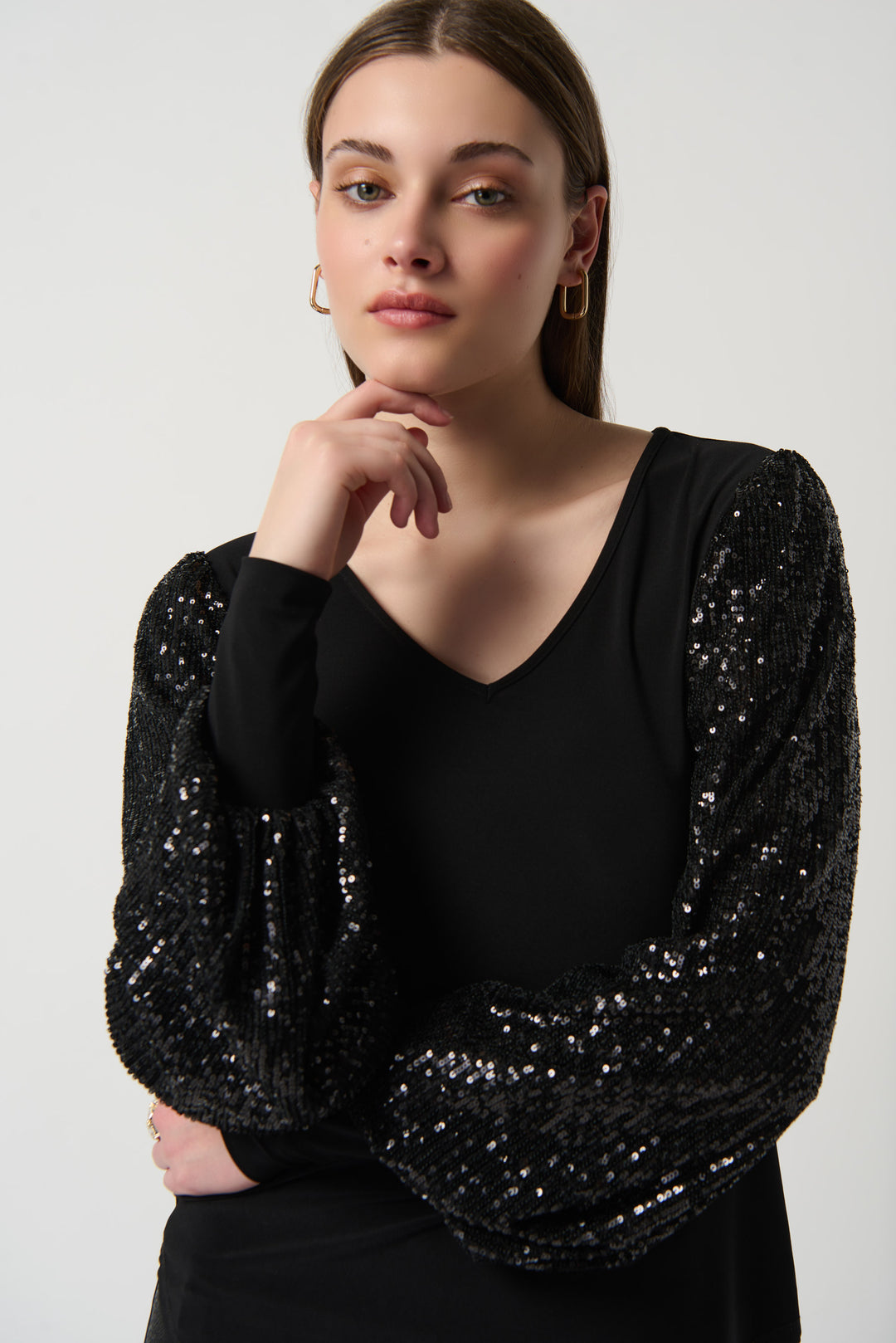 Sequin Puff Sleeve Silky Knit Top