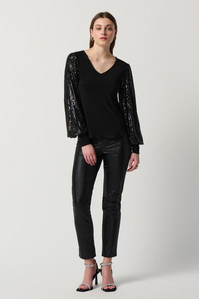 Sequin Puff Sleeve Silky Knit Top