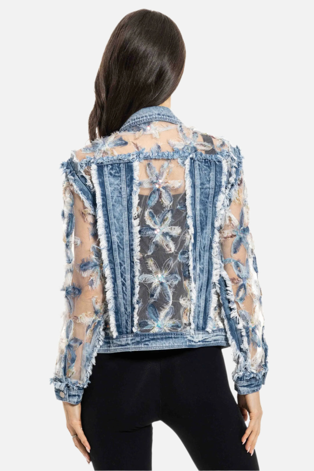 Sequin and Flower Applique Sheer Denim Jacket