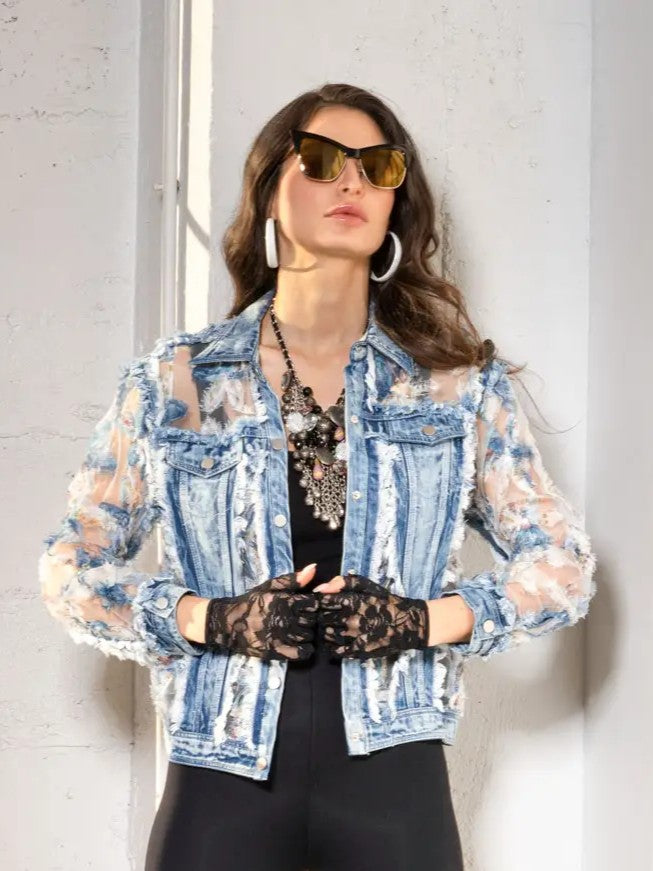 Sequin and Flower Applique Sheer Denim Jacket