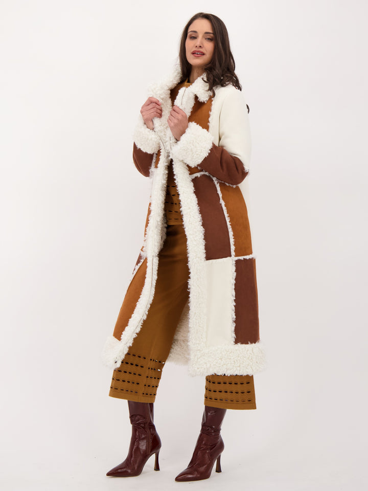 Sherpa and Faux Suede Patchwork Coat