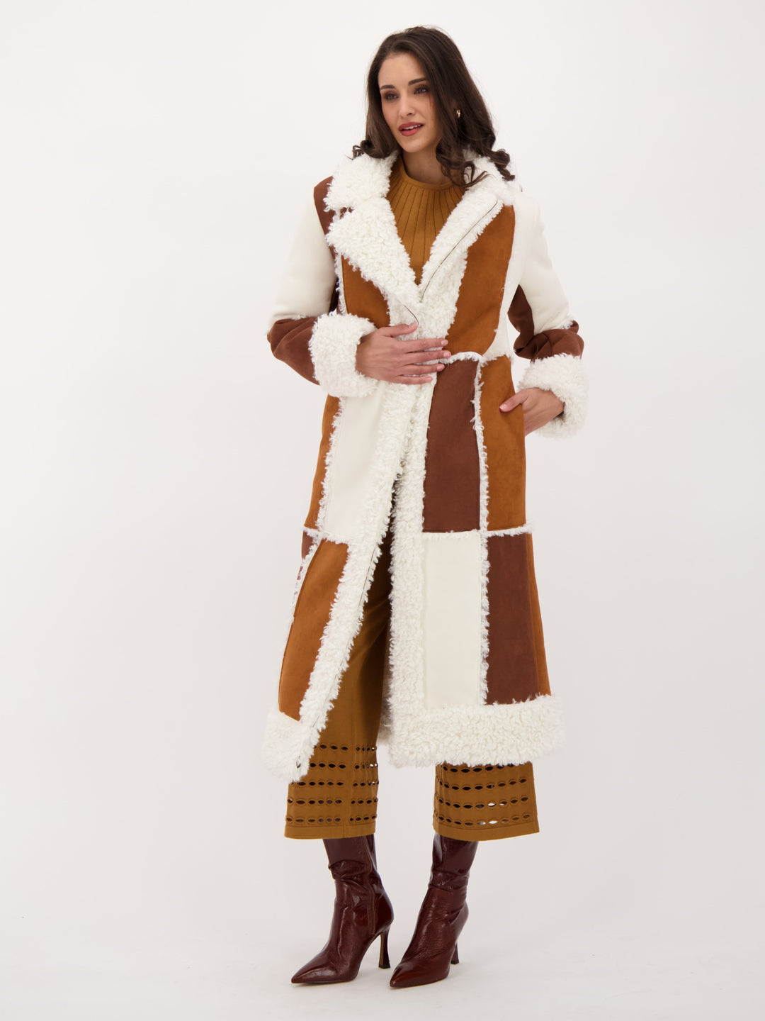 Sherpa and Faux Suede Patchwork Coat