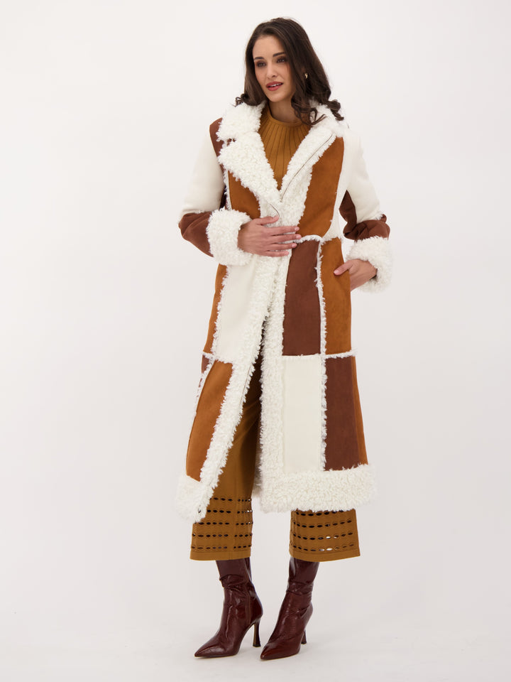 Sherpa and Faux Suede Patchwork Coat