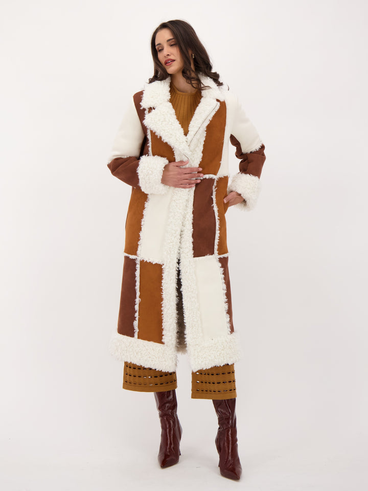 Sherpa and Faux Suede Patchwork Coat