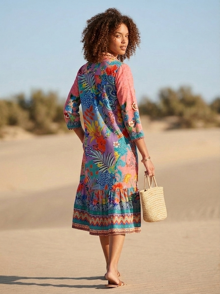 Silky Floral Border Print Dress
