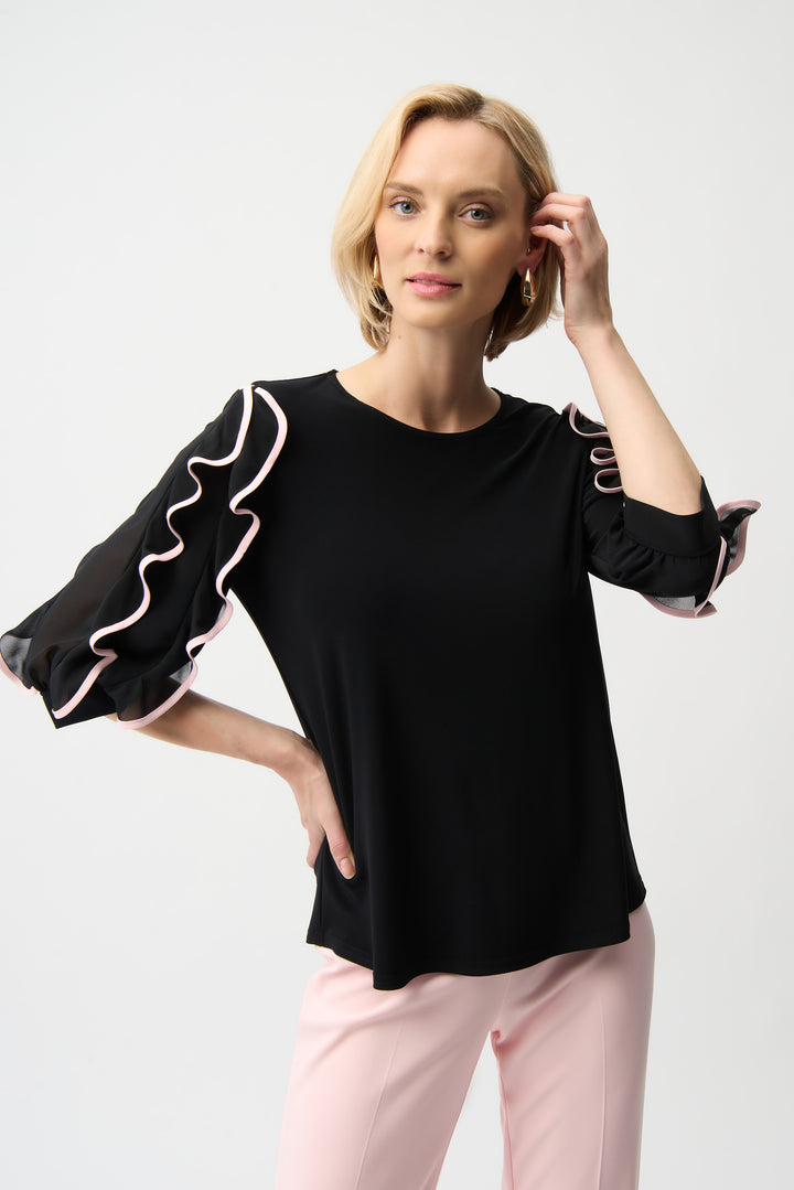 Silky Knit Top with Contrast Trim Chiffon Ruffle Sleeves