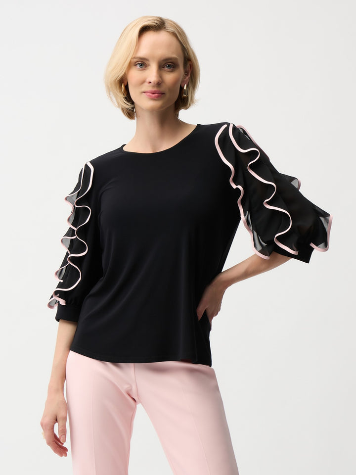 Silky Knit Top with Contrast Trim Chiffon Ruffle Sleeves