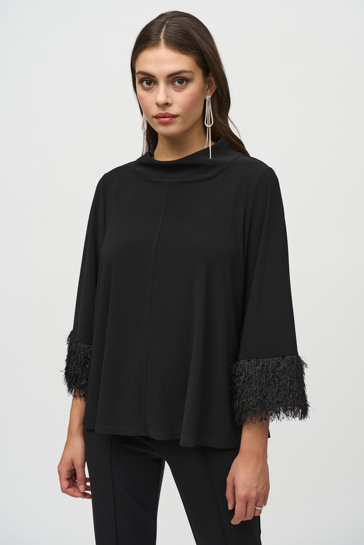 Silky Knit Trapeze Top with Novelty Fringe Cuffs