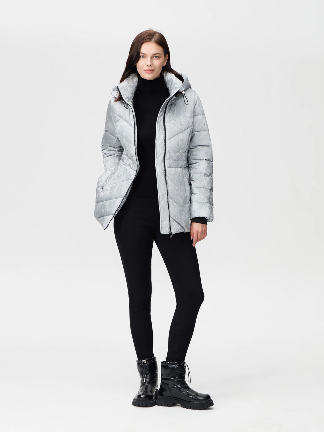 Silver Velvety Shimmer Puffer Coat