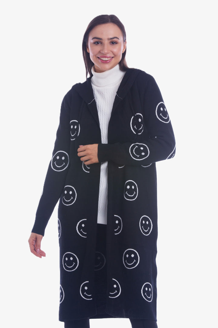 Smiley Face Long Hooded Cardigan