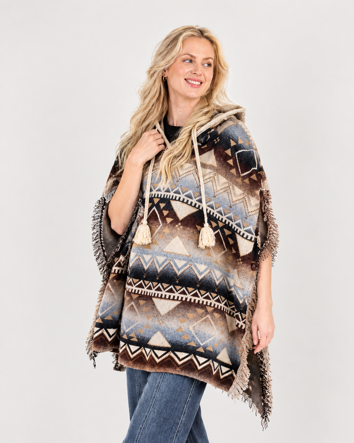 Southwestern Fringe Poncho With Hood