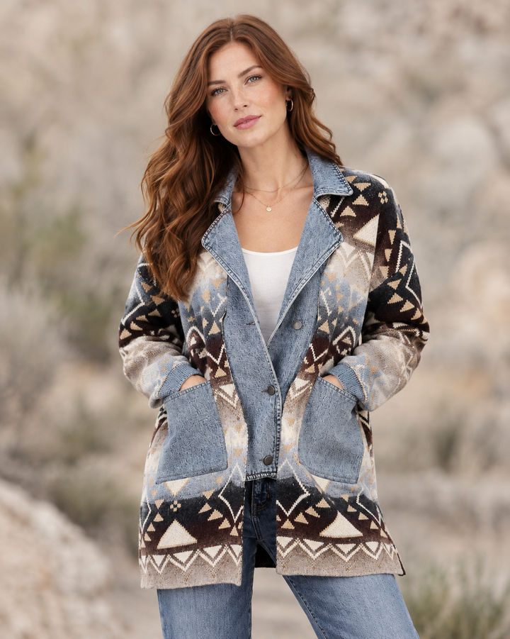Southwestern Knit and Denim Fooler Sweater Jacket