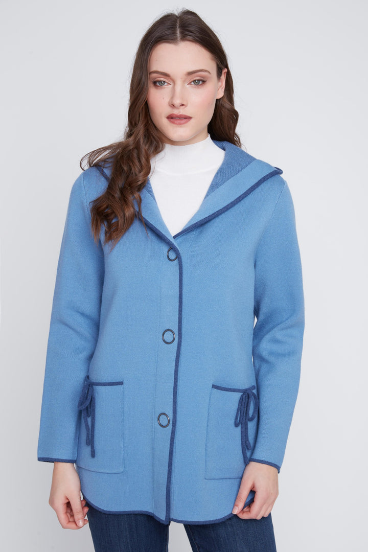 Steel Blue Contrast Trim Hooded Cardigan