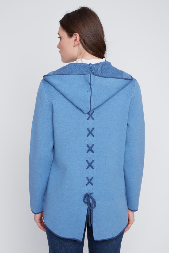 Steel Blue Contrast Trim Hooded Cardigan