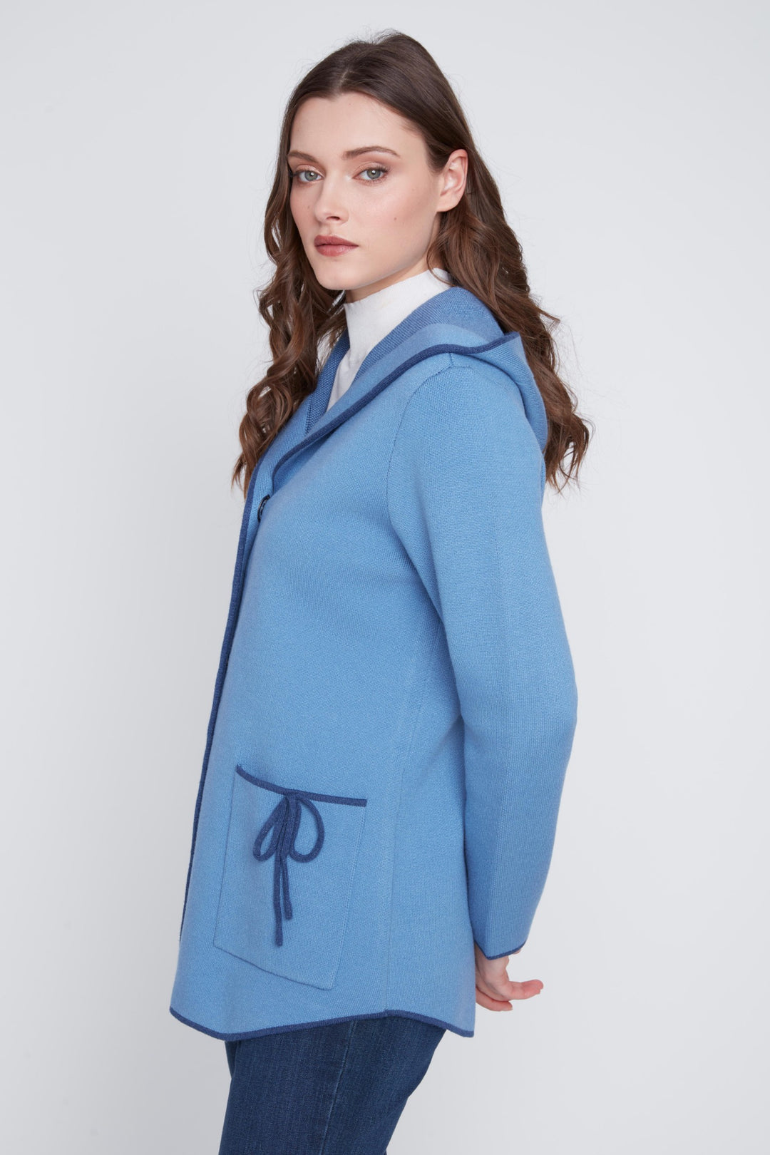Steel Blue Contrast Trim Hooded Cardigan