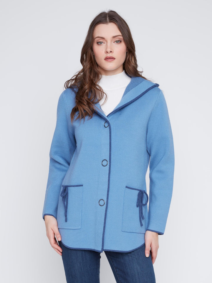 Steel Blue Contrast Trim Hooded Cardigan