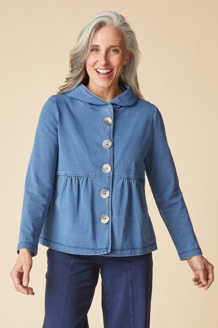 Stonewash Knit Denim Shirred Hoodie Jacket