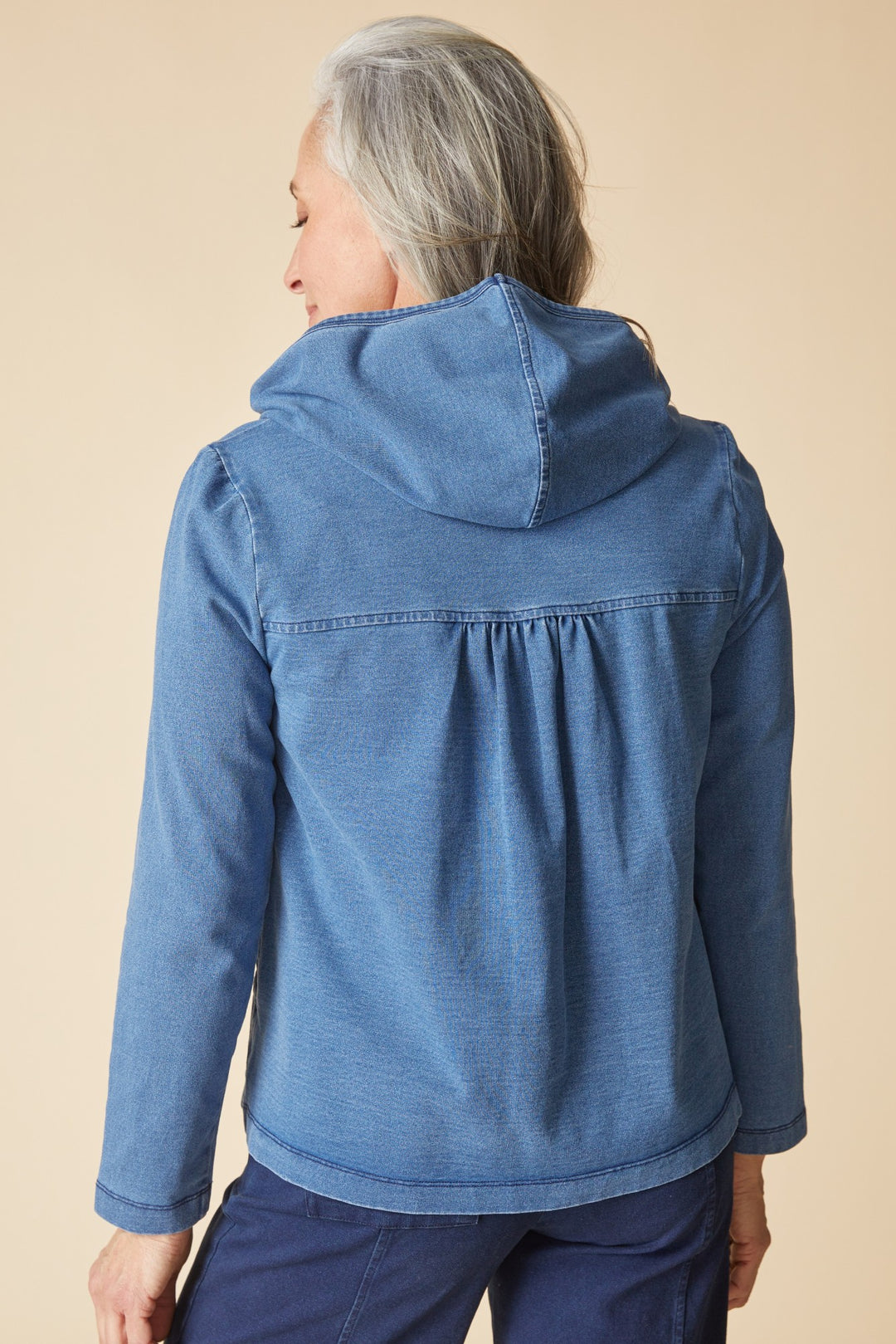 Stonewash Knit Denim Shirred Hoodie Jacket