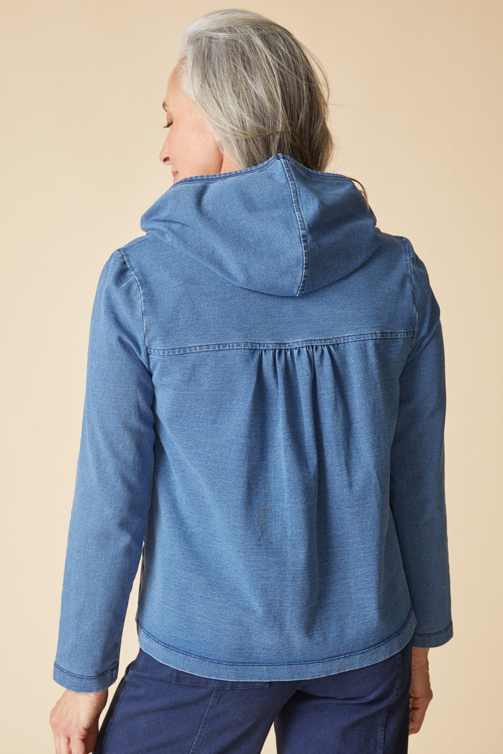 Stonewash Knit Denim Shirred Hoodie Jacket