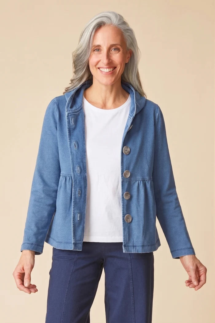 Stonewash Knit Denim Shirred Hoodie Jacket