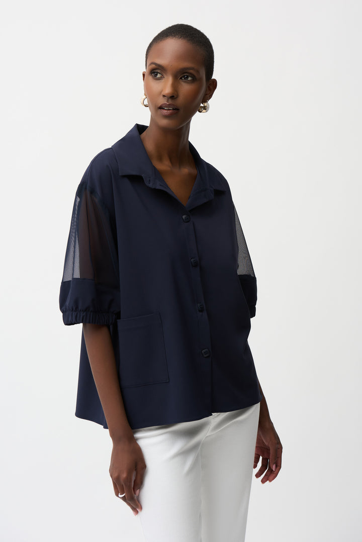 Stretch Poplin Mesh Detail Midnight Blouse